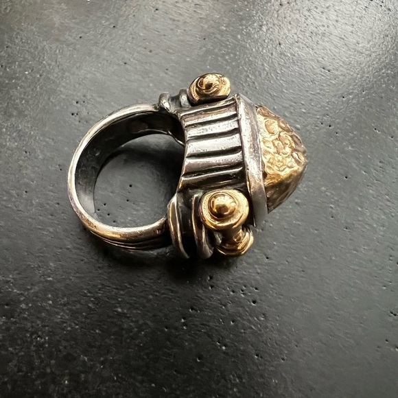 Dian Malouf Ring/14K YG and 925 SS Hammered Dome Drum Ring Max Gold Side Accents - Picture 4 of 11